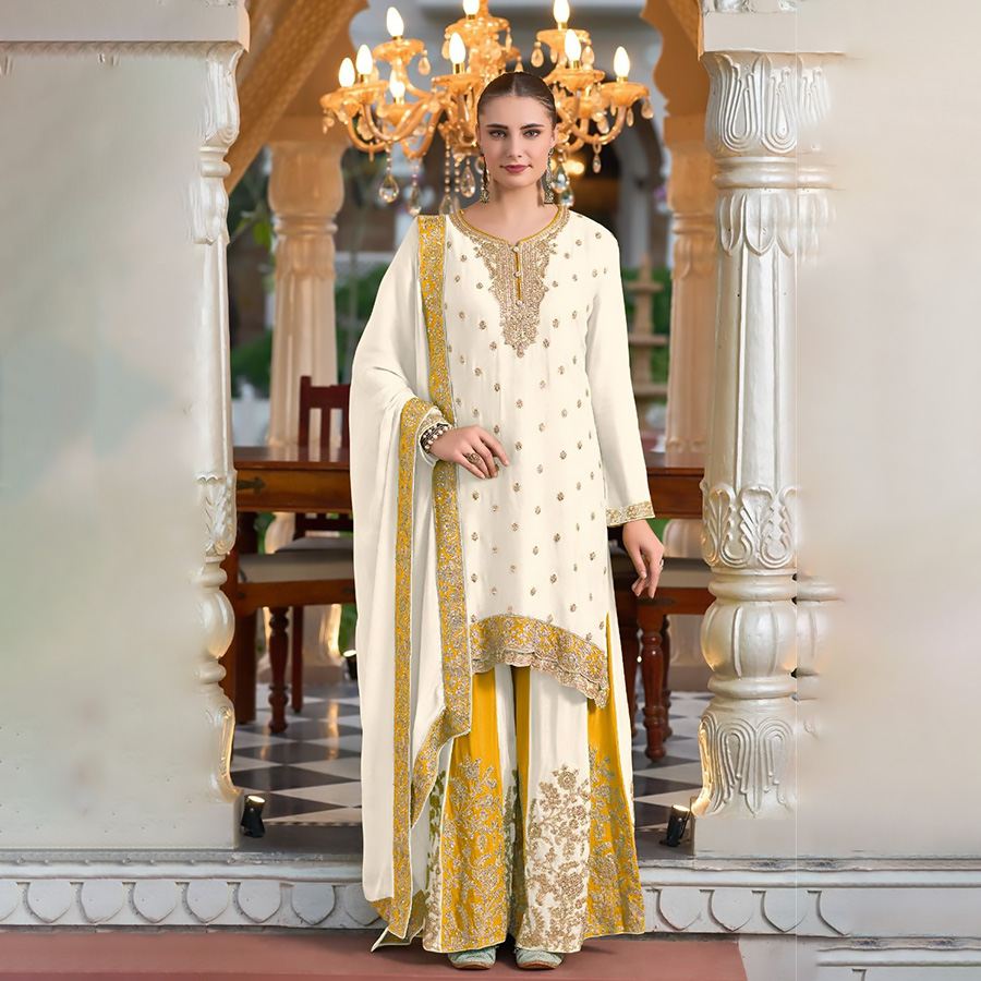 White & Yellow Silk Partywear Suit